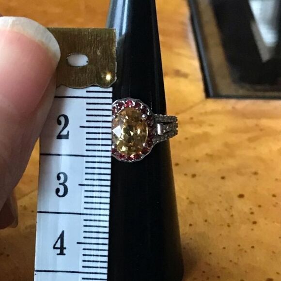 Natural Red Sapphire Yellow Zircon Sterling Silver Halo Ring Size 5 - Picture 5 of 8
